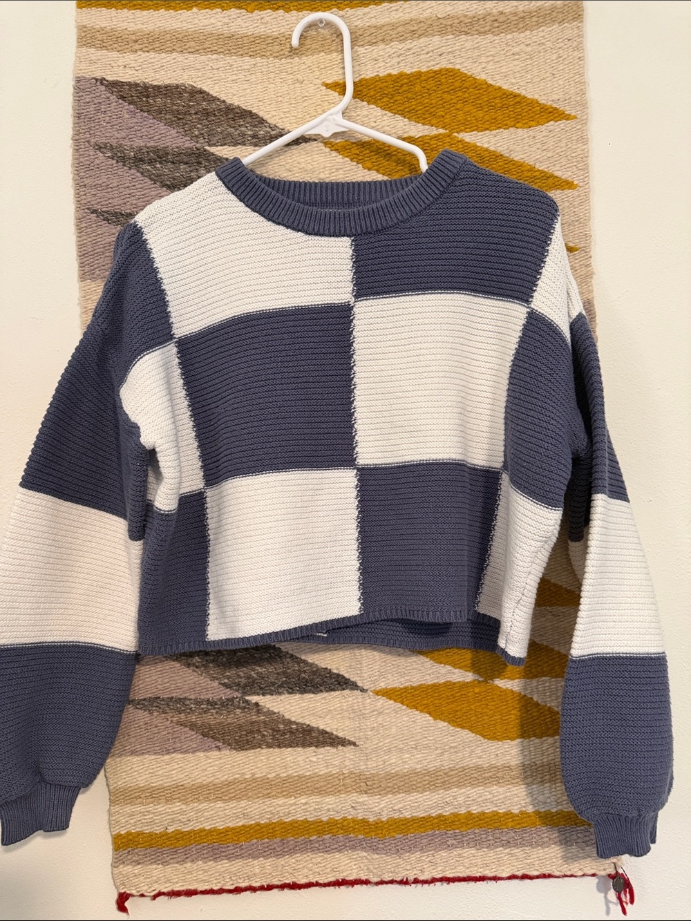 moon & madison Navy and White Checkerboard Knit Sweater